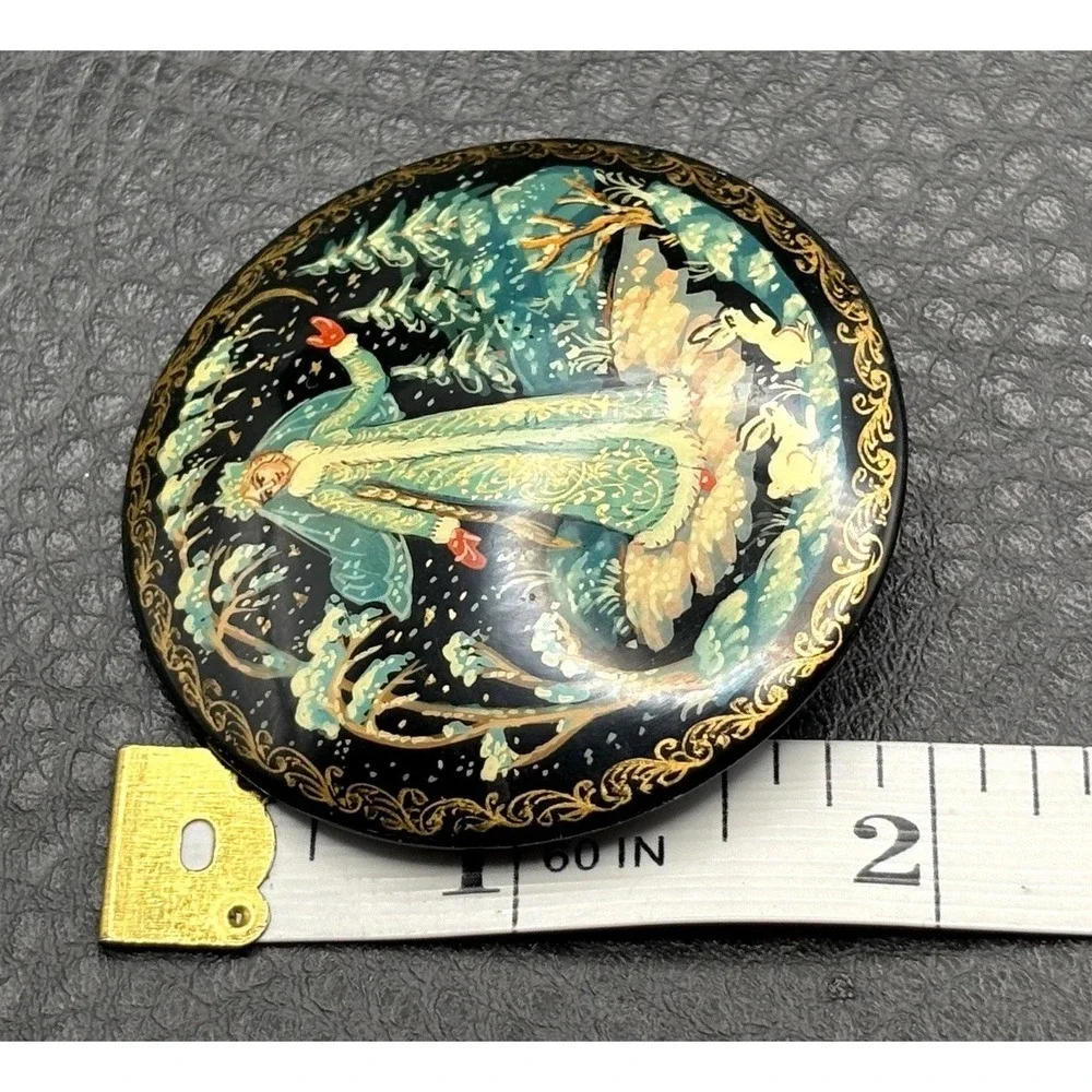 Vintage Ethnic Lacquer Brooch Pin Snow Maiden Fairy Princess Wood Hand Painted
